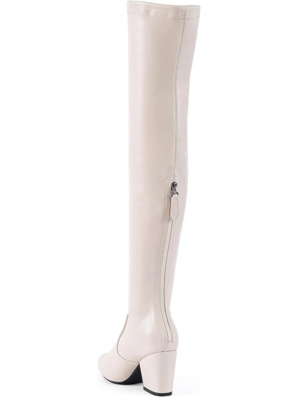Women's Pu Cream 3 Inch Pointed Toe Chunky Block Heel Over The Knee High Boots